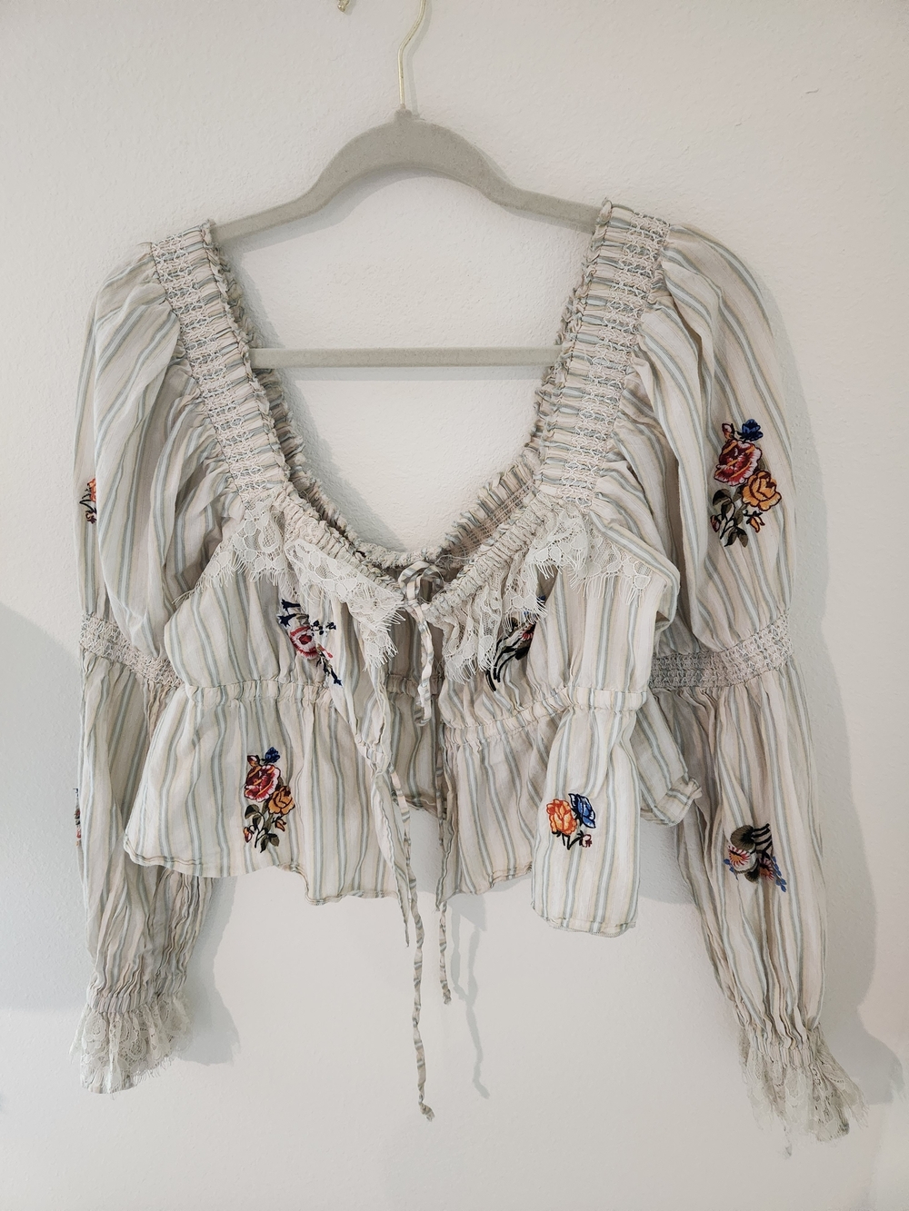 Kimchi Cream Striped Embroidered Peasant Blouse